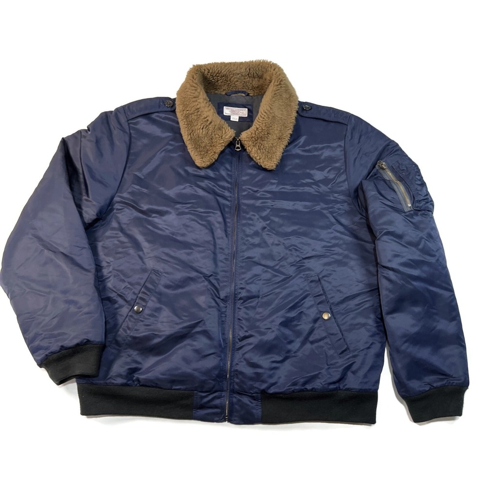Wallace &‎ Barnes J Crew Mens XL Sherpa Collar Bomber Navy Shearling Jacket